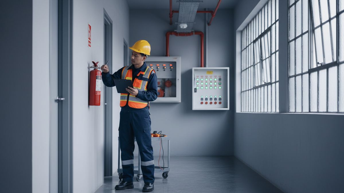 Technik STOPFIRE při kontrole hasicího přístroje